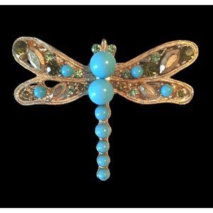 Dragonfly Pin Aqua Blue Turquoise Gold Tone Brooch